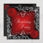 Invitation Fête d'anniversaire Rouge Argent Floral Noir (Devant / Derrière)