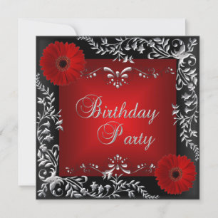 Invitation Fête d'anniversaire Rouge Argent Floral Noir