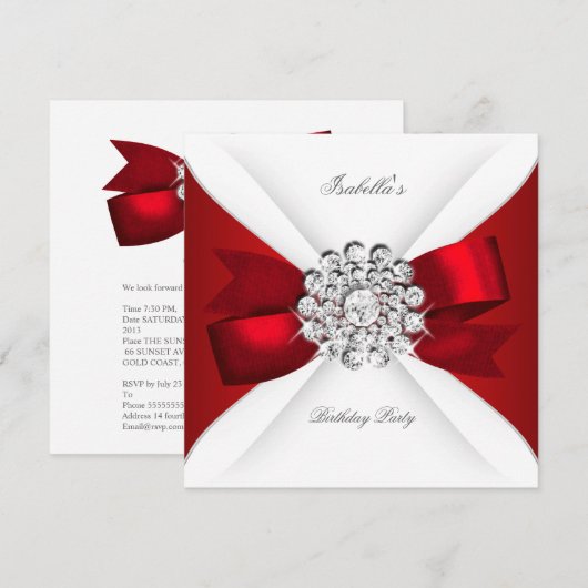 Invitation Fête d'anniversaire Rouge Blanc Diamant Rouge Bow (Devant / Derrière)
