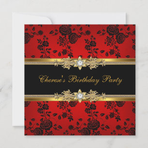Invitation Fête d'anniversaire Rouge Damassé Or Diamant Noir