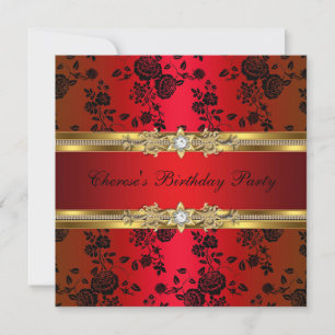 Invitation Fête d'anniversaire Rouge Damassé Or Noir