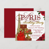Invitation Fête d'anniversaire rouge et or à Paris (Devant / Derrière)