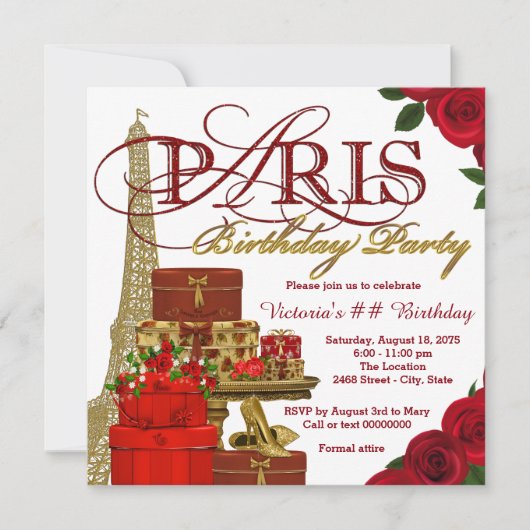 Invitation Fête d'anniversaire rouge et or à Paris (Devant)