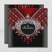 Invitation Fête d'anniversaire Rouge Noir Argent (Devant / Derrière)