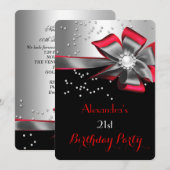 Invitation Fête d'anniversaire Rouge Noir Argent Arc Perle (Devant / Derrière)