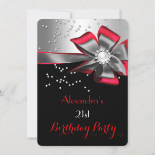 Invitation Fête d'anniversaire Rouge Noir Argent Arc Perle