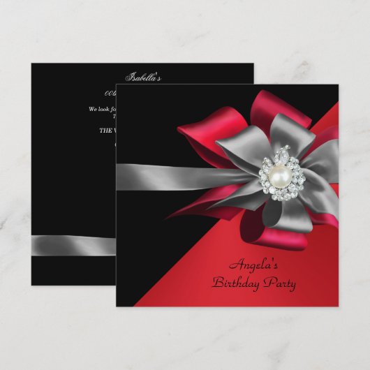 Invitation Fête d'anniversaire Rouge Noir Gris Argent Bow Per (Devant / Derrière)