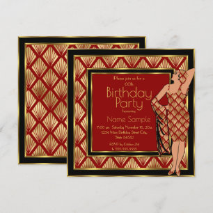 Invitation Fête d'anniversaire Rouge Noir Or Art Déco 1930 Da