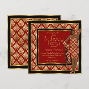Invitation Fête d'anniversaire Rouge Noir Or Art Déco 1930 Da