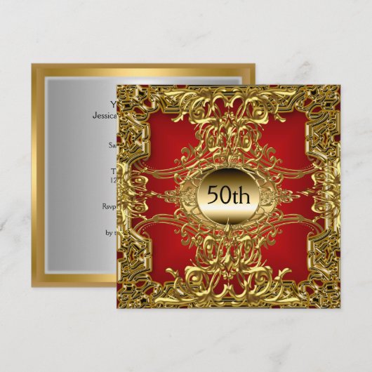 Invitation Fête d'anniversaire rouge or Luxe 50 ans rouge or (Devant / Derrière)