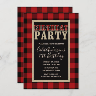 Invitation Fête d'anniversaire rouge rustique de plaid de
