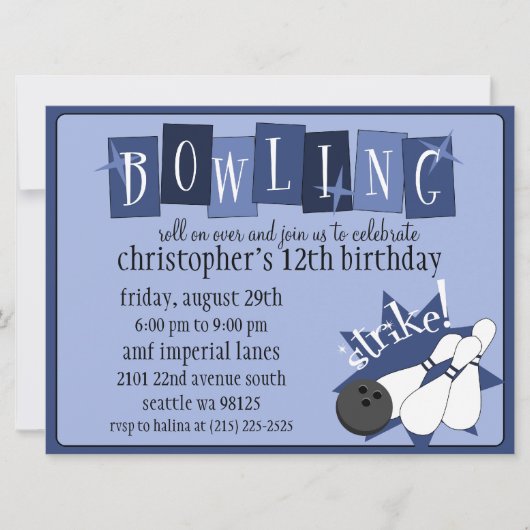 Invitation Fête d'anniversaire Royal Blue Bowling (Devant)