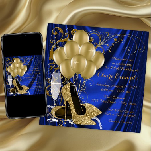 Invitation Fête d'anniversaire Royal Blue et Gold Luxe