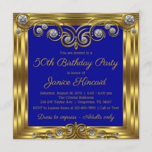 Invitation Fête d'anniversaire Royal Blue Gold pour les femme