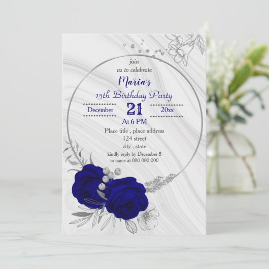 Invitation fête d'anniversaire royal blue gris argent (Debout devant)