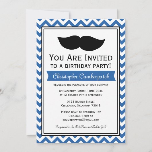 Invitation Fête d'anniversaire Royal Blue Mustache Chevron (Devant)