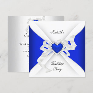 Invitation Fête d'anniversaire Royal Blue White Diamond Heart