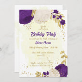 Invitation fête d'anniversaire royal violet blanc fleurs or (Devant / Derrière)