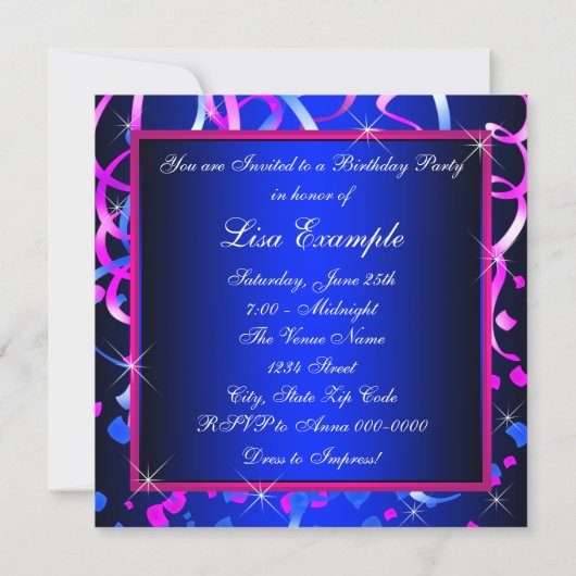 Invitation Fête d'anniversaire royale bleue pour femme (Dos)