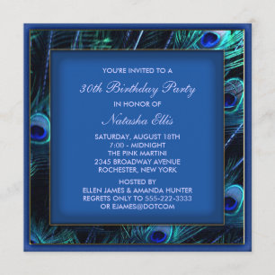 Invitation Fête d'anniversaire royale bleue pour femme Paon