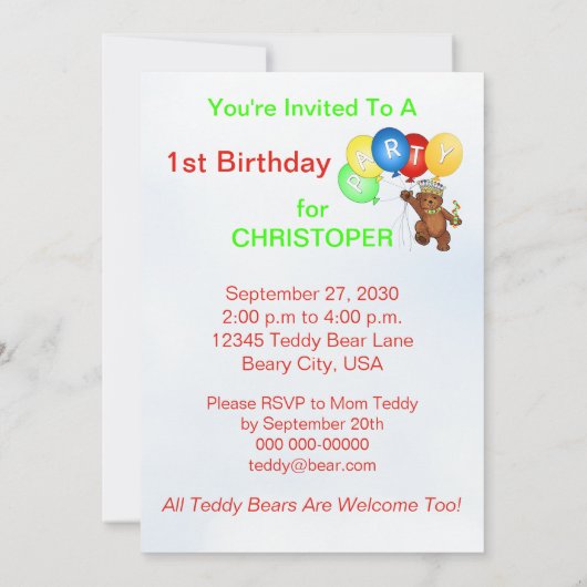 Invitation Fête d'anniversaire royale d'ours de nounours ?ère (Dos)