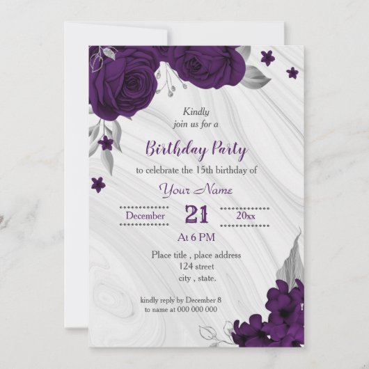 Invitation fête d'anniversaire royale violette argent (Devant)