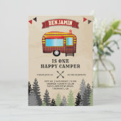 Invitation Fête d'anniversaire Rustic Flannel One Happy Campe (Debout devant)