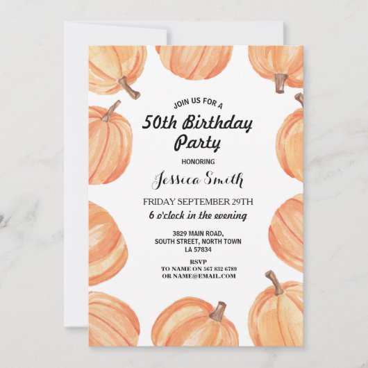 Invitation Fête d'anniversaire Rustic Watercolor Citrouille A (Devant)