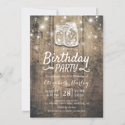 Invitation Fête d'anniversaire Rustic Wood Mason Jar String l (Devant)