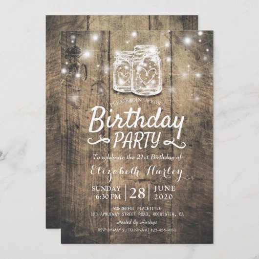 Invitation Fête d'anniversaire Rustic Wood Mason Jar String l (Devant / Derrière)