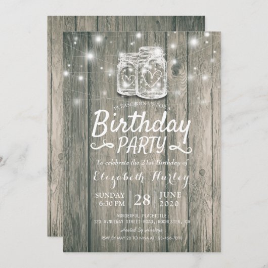 Invitation Fête d'anniversaire Rustic Wood Mason Jar String l (Devant / Derrière)
