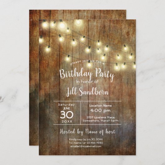 Invitation Fête d'anniversaire Rustic Wood & String (Devant / Derrière)
