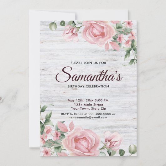 Invitation Fête d'anniversaire rustique à l'aquarelle avec ro (Devant)