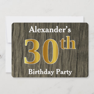 Invitation Fête d'anniversaire rustique de 30 ans, doré faux