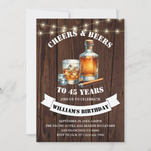Invitation Fête d'anniversaire rustique de 45 ans Cheers & Be
