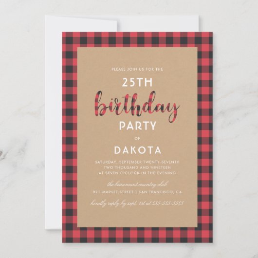 Invitation Fête d'anniversaire rustique de manuscrit de plaid (Devant)