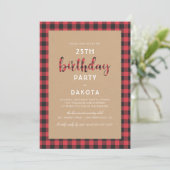 Invitation Fête d'anniversaire rustique de manuscrit de plaid (Debout devant)