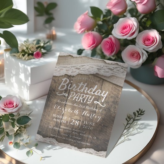 Invitation Fête d'Anniversaire Rustique dentelle Burlap tissu