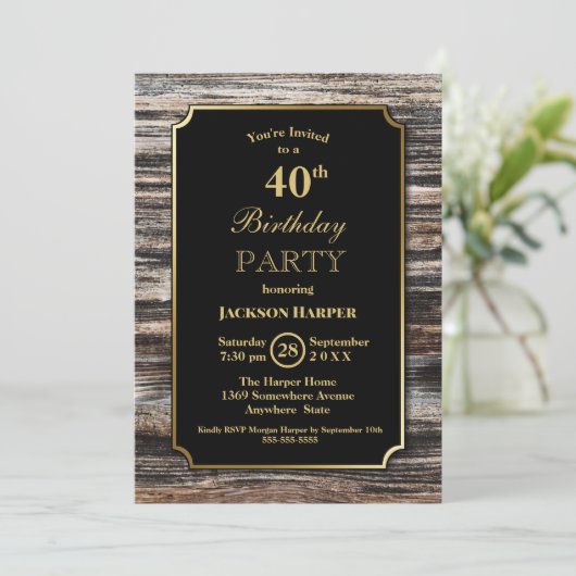 Invitation Fête d'anniversaire rustique en bois pour 40 ans (Debout devant)