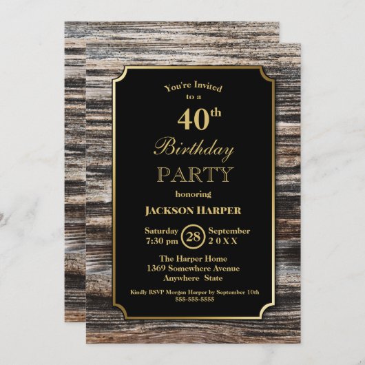 Invitation Fête d'anniversaire rustique en bois pour 40 ans (Devant / Derrière)