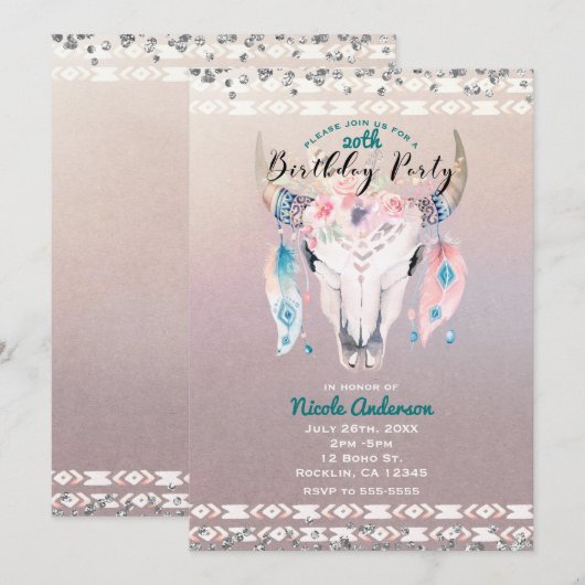 Invitation Fête d'anniversaire Rustique Glam Boho Floral Crân (Devant / Derrière)