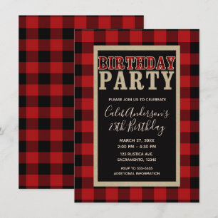 Invitation Fête d'anniversaire rustique rouge et carreau noir