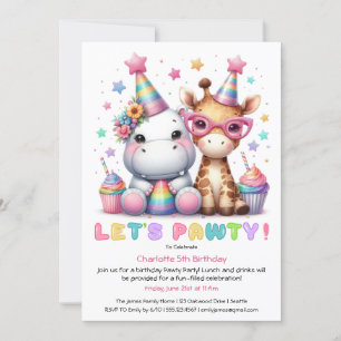 Invitation Fête d'anniversaire Safari Pailleté Girafe & Hippo