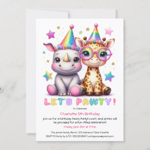 Invitation Fête d'anniversaire Safari Rhinocéros et girafe