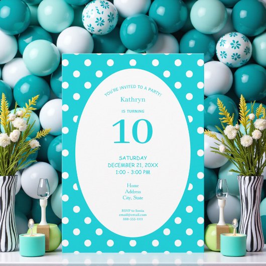Invitation Fête d'anniversaire sarcelle à pois blancs