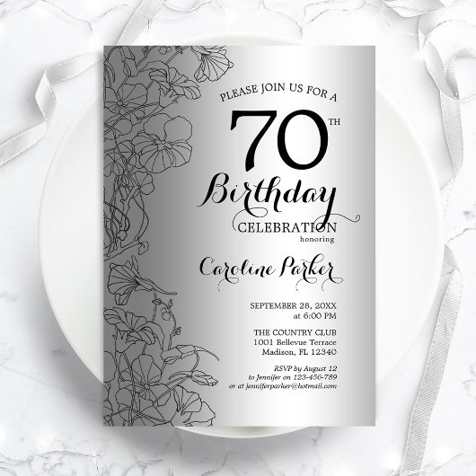 Invitation Fête d'anniversaire Silver Black Floral 70e