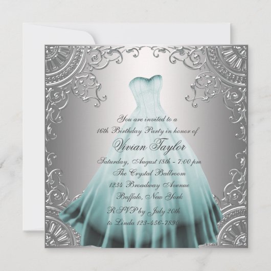 Invitation Fête d'anniversaire Silver Teal Blue pour une Swee (Devant)