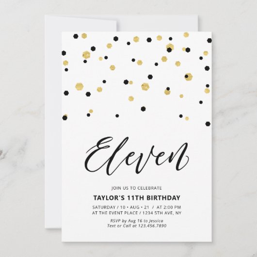 Invitation Fête d'anniversaire simple 11 ans Black & Gold (Devant)