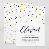 Invitation Fête d'anniversaire simple 11 ans Black & Gold (Devant / Derrière)