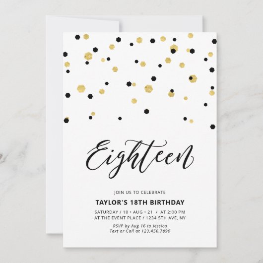 Invitation Fête d'anniversaire simple 18 ans Black & Gold (Devant)